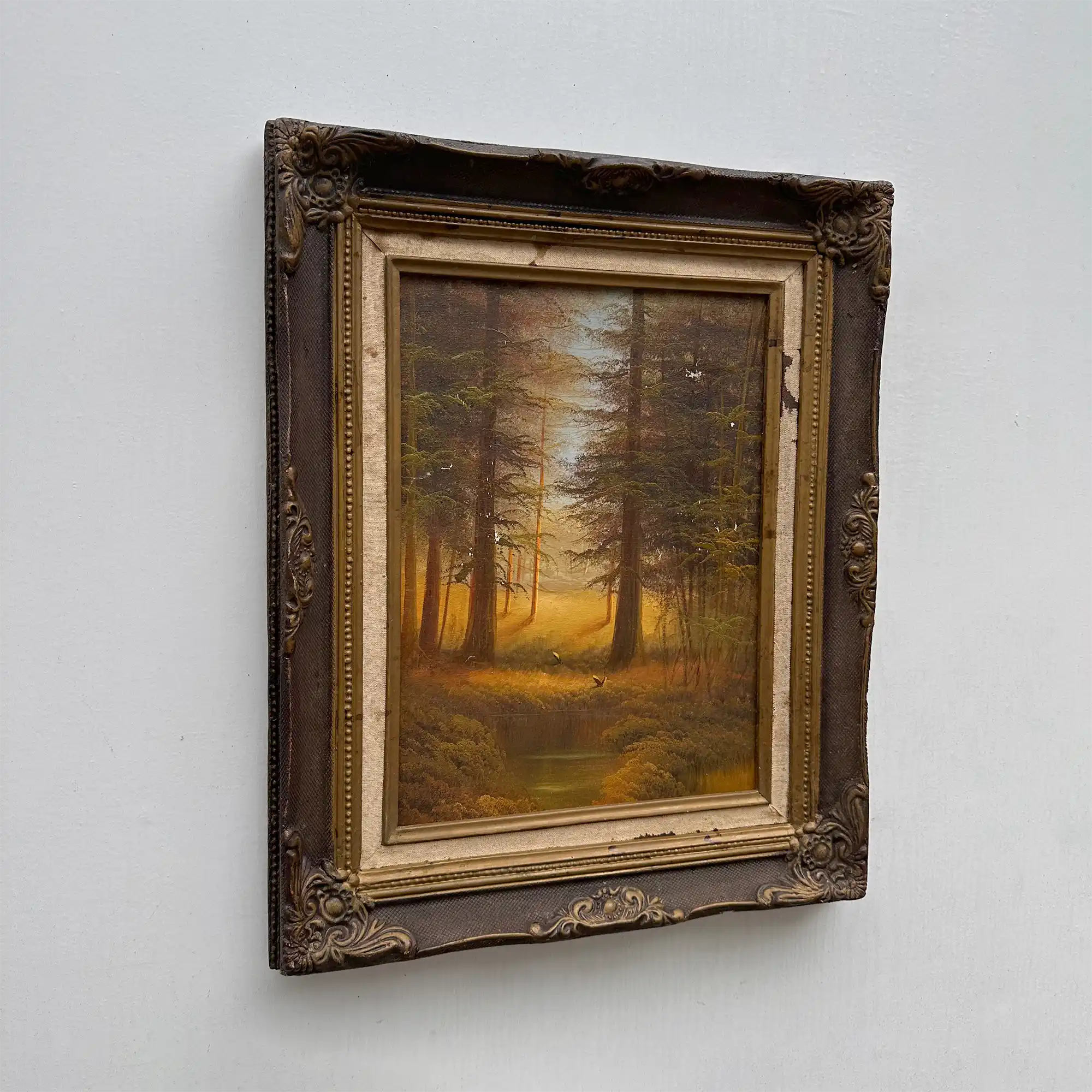 Vintage Woodland Landscape Painting, Hand Painted Forest Scene in Ornate Frame - Vintage Oil Painting - Arden Gallery