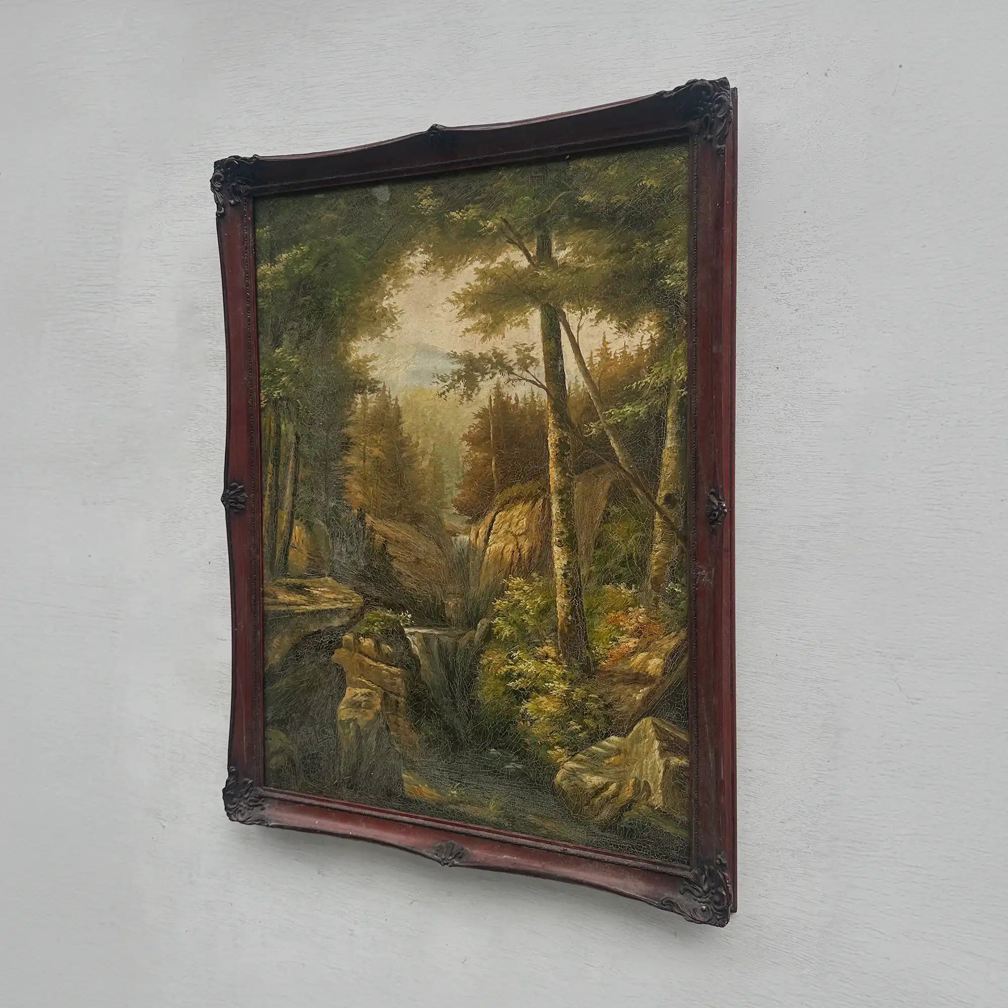 Vintage Woodland Landscape Painting, Hand Painted Forest Stream Artwork - Vintage Oil Painting - Arden Gallery