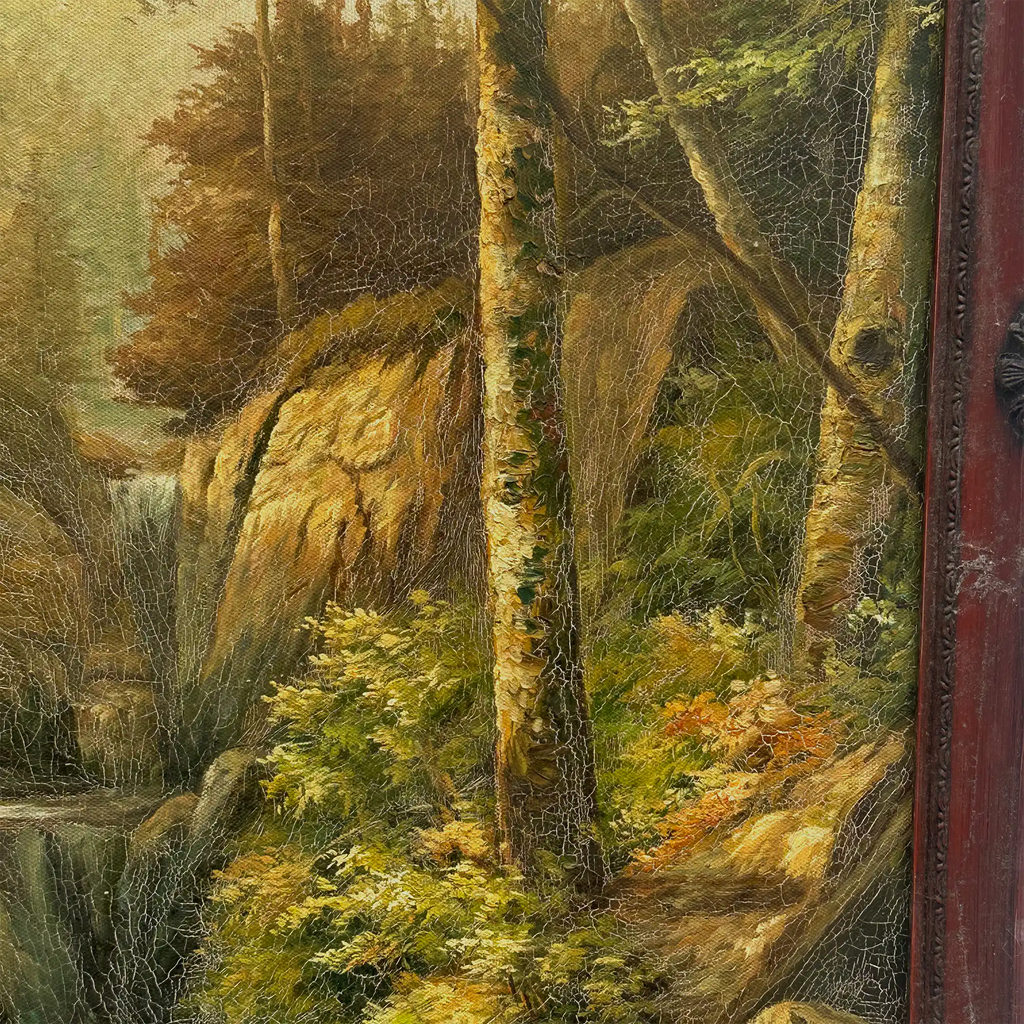 Vintage Woodland Landscape Painting, Hand Painted Forest Stream Artwork - Vintage Oil Painting - Arden Gallery