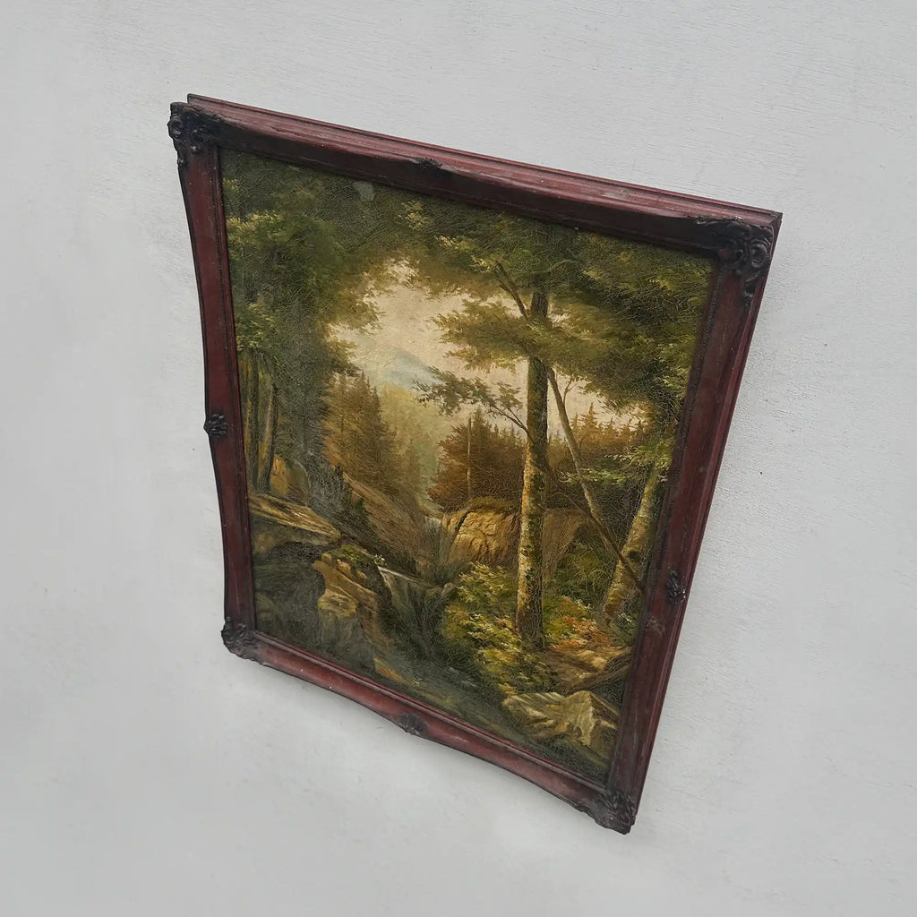 Vintage Woodland Landscape Painting, Hand Painted Forest Stream Artwork - Vintage Oil Painting - Arden Gallery