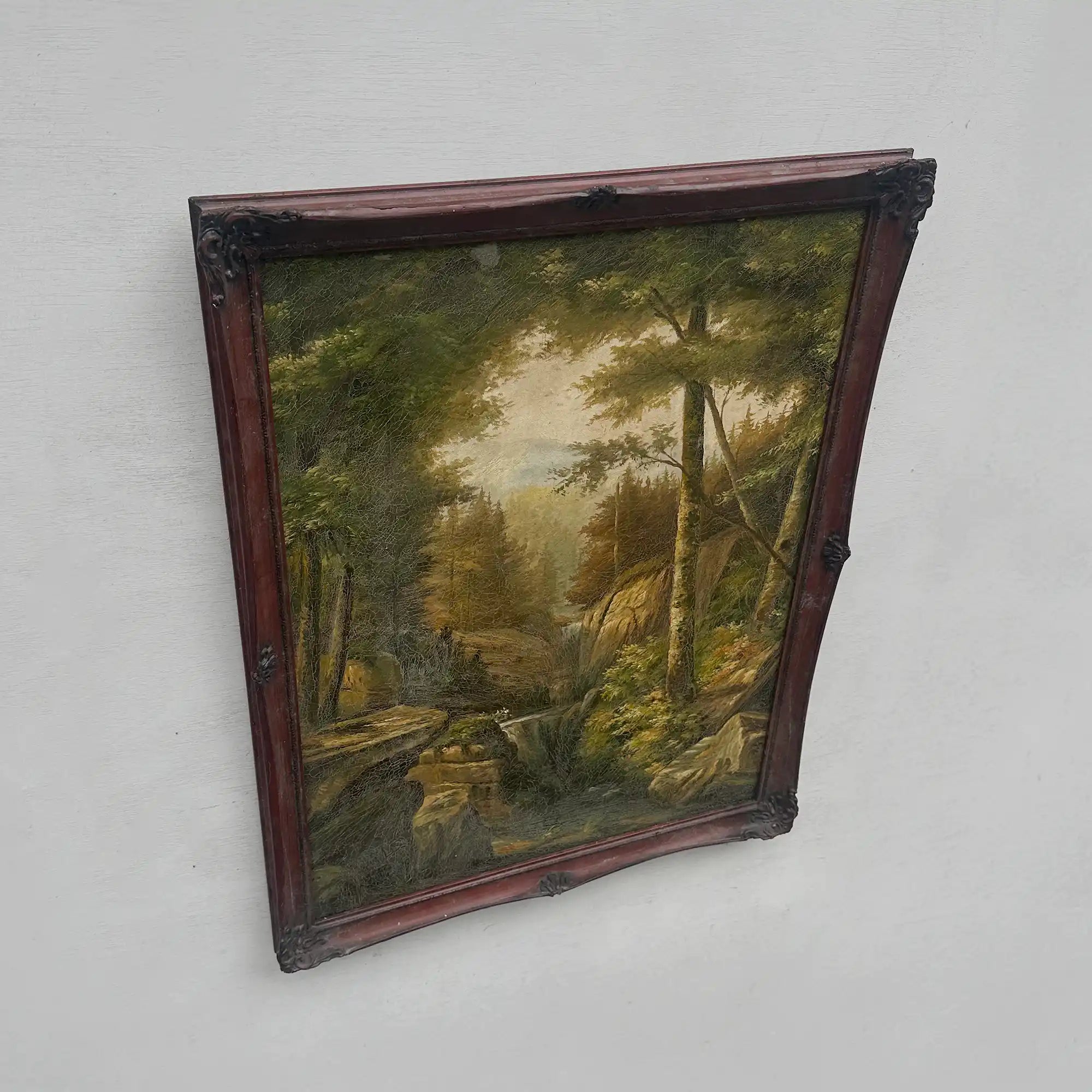 Vintage Woodland Landscape Painting, Hand Painted Forest Stream Artwork - Vintage Oil Painting - Arden Gallery