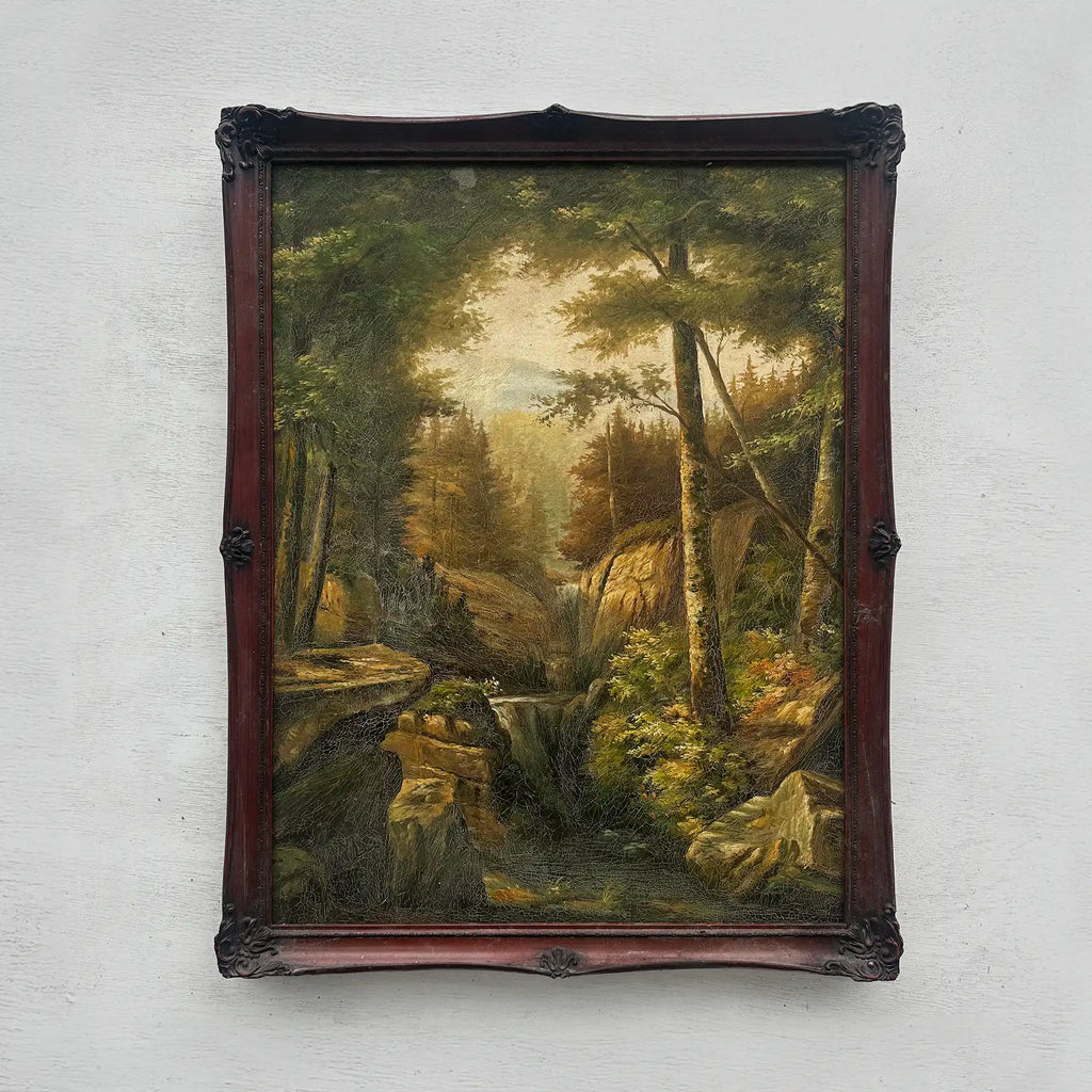 Vintage Woodland Landscape Painting, Hand Painted Forest Stream Artwork - Vintage Oil Painting - Arden Gallery
