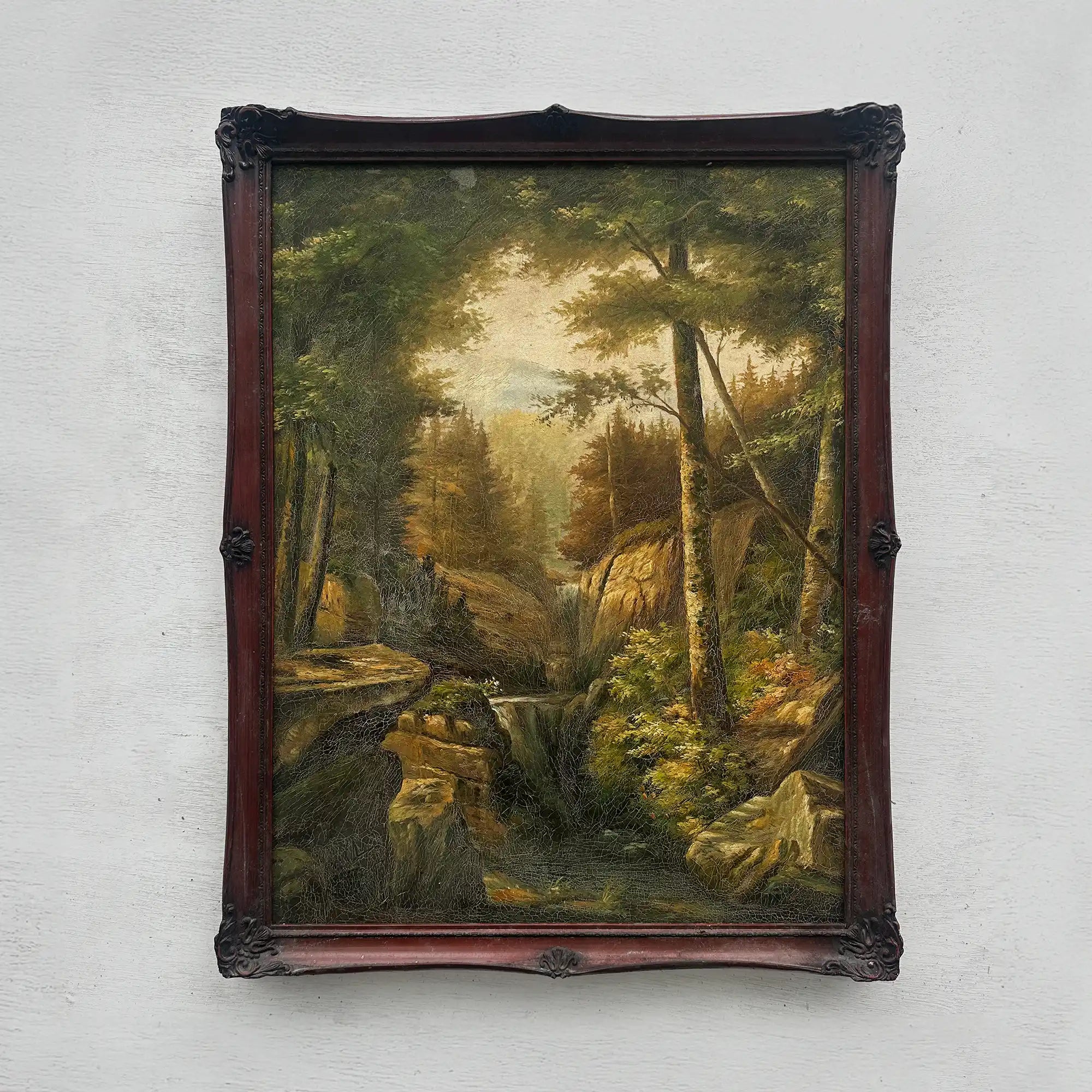 Vintage Woodland Landscape Painting, Hand Painted Forest Stream Artwork - Vintage Oil Painting - Arden Gallery