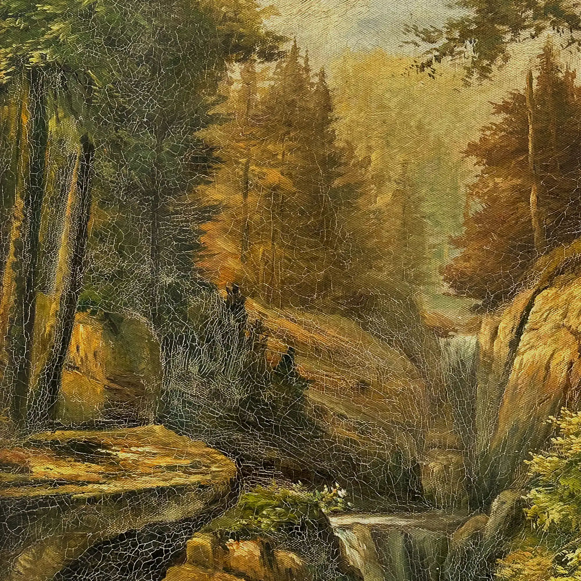 Vintage Woodland Landscape Painting, Hand Painted Forest Stream Artwork - Vintage Oil Painting - Arden Gallery