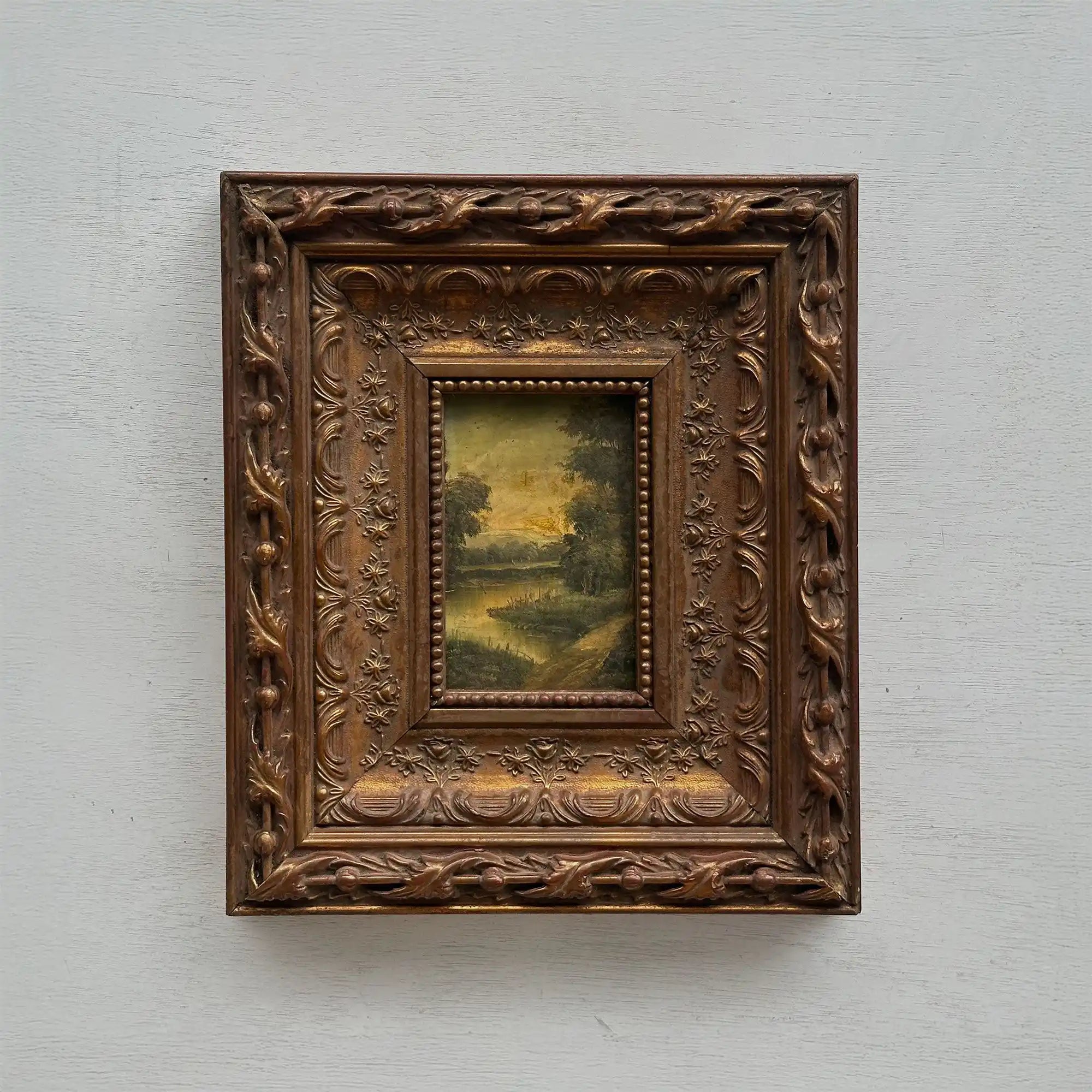 Woodland River at Dusk | Vintage Landscape Oil Painting | Bronze Frame | 11.8×13.8in - Vintage Oil Painting - Arden Gallery