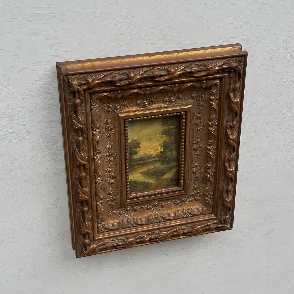 Woodland River at Dusk | Vintage Landscape Oil Painting | Bronze Frame | 11.8×13.8in - Vintage Oil Painting - Arden Gallery