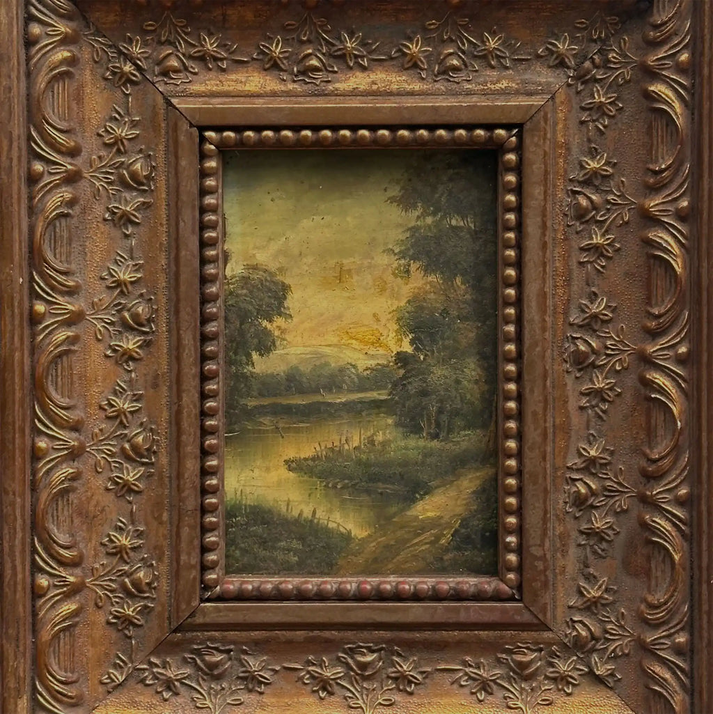 Woodland River at Dusk | Vintage Landscape Oil Painting | Bronze Frame | 11.8×13.8in - Vintage Oil Painting - Arden Gallery