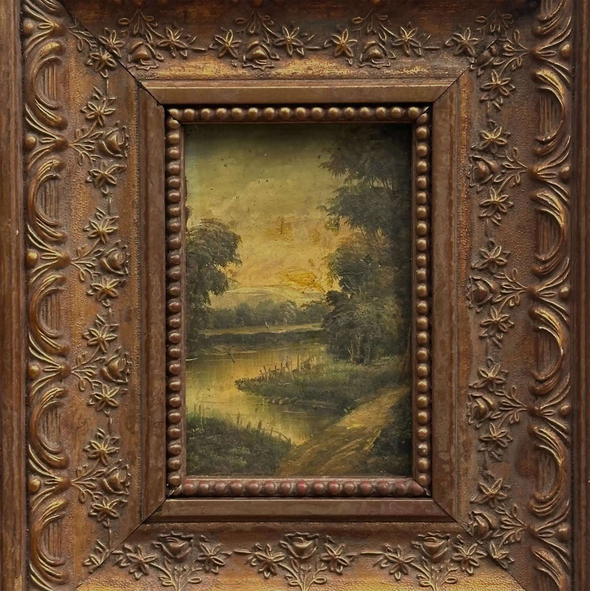 Woodland River at Dusk | Vintage Landscape Oil Painting | Bronze Frame | 11.8×13.8in - Vintage Oil Painting - Arden Gallery