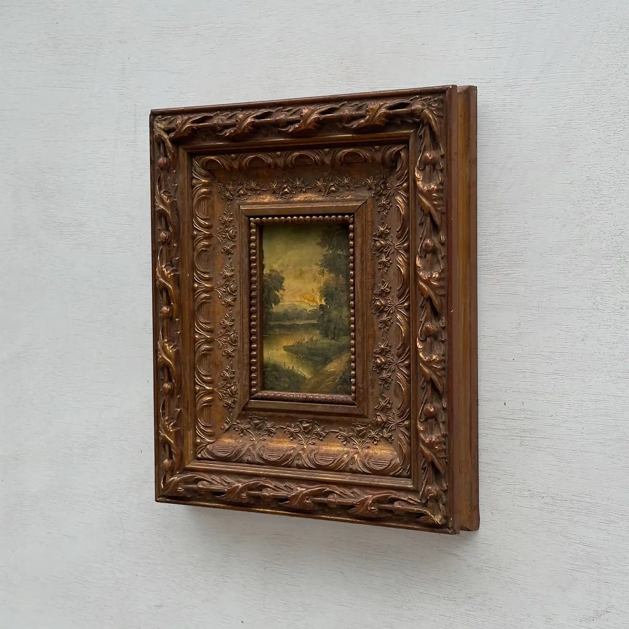 Woodland River at Dusk | Vintage Landscape Oil Painting | Bronze Frame | 11.8×13.8in - Vintage Oil Painting - Arden Gallery