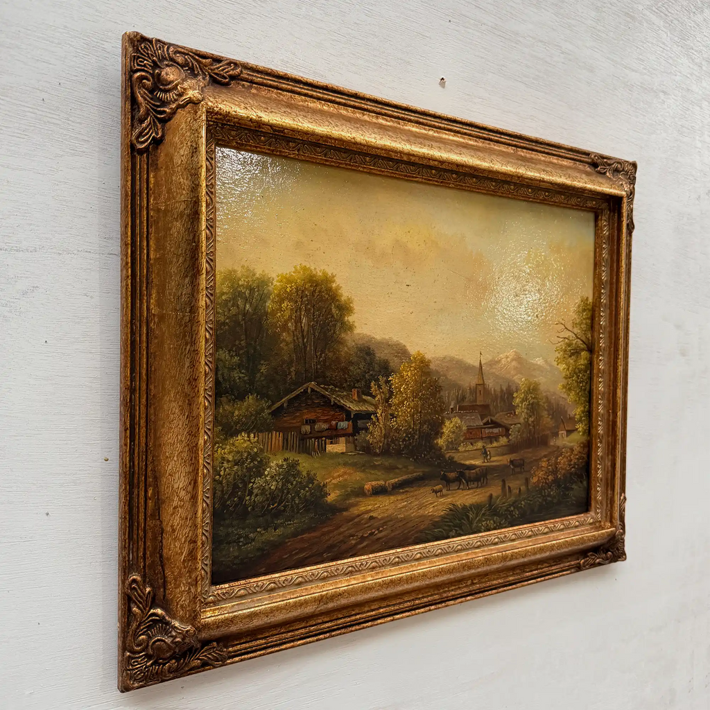 c.1960s Vintage European Alpine Landscape Oil Painting in Baroque Gold Gilt Frame - Vintage Oil Painting - Arden Gallery