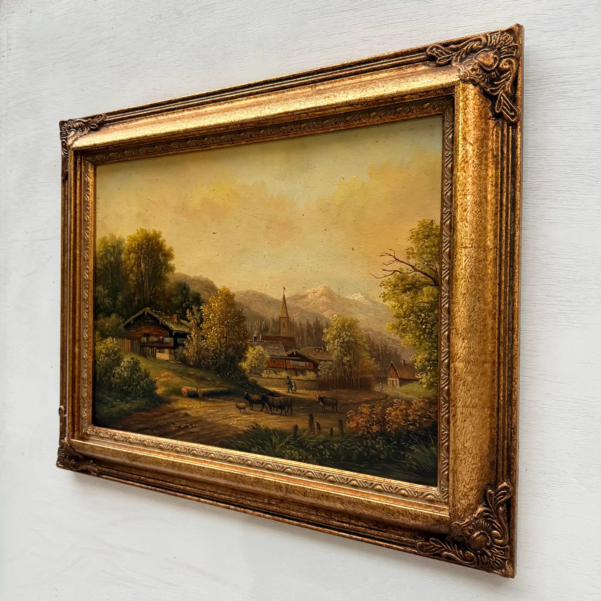 c.1960s Vintage European Alpine Landscape Oil Painting in Baroque Gold Gilt Frame - Vintage Oil Painting - Arden Gallery