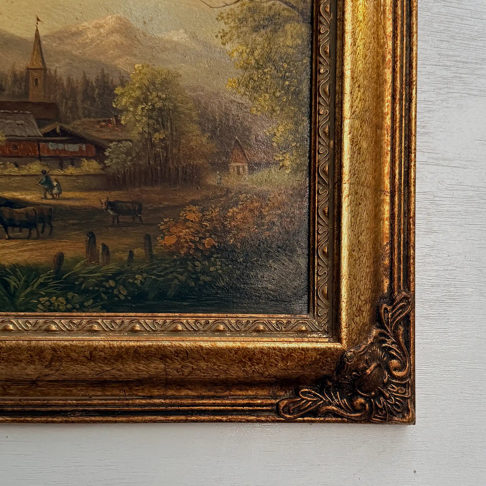 c.1960s Vintage European Alpine Landscape Oil Painting in Baroque Gold Gilt Frame - Vintage Oil Painting - Arden Gallery
