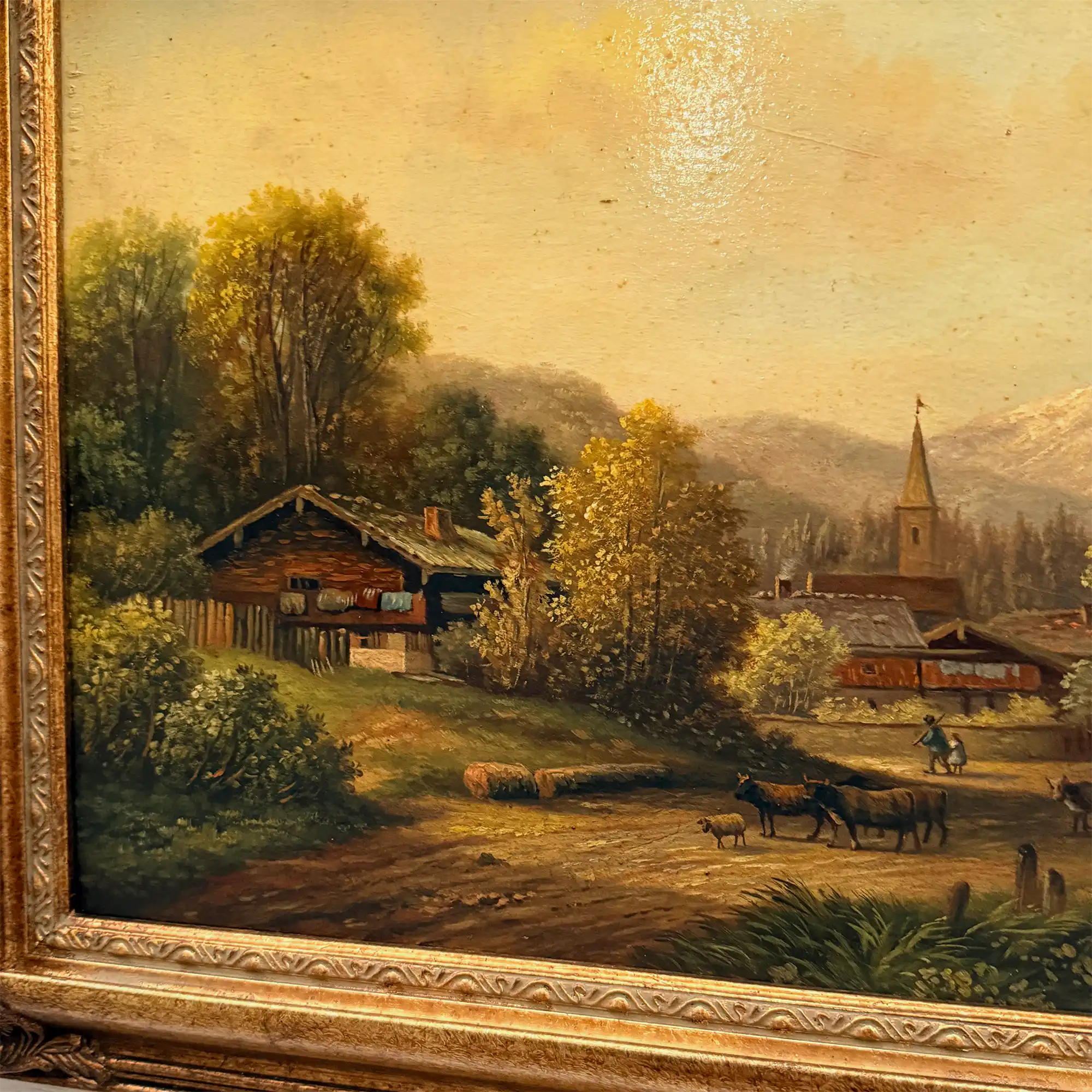 c.1960s Vintage European Alpine Landscape Oil Painting in Baroque Gold Gilt Frame - Vintage Oil Painting - Arden Gallery