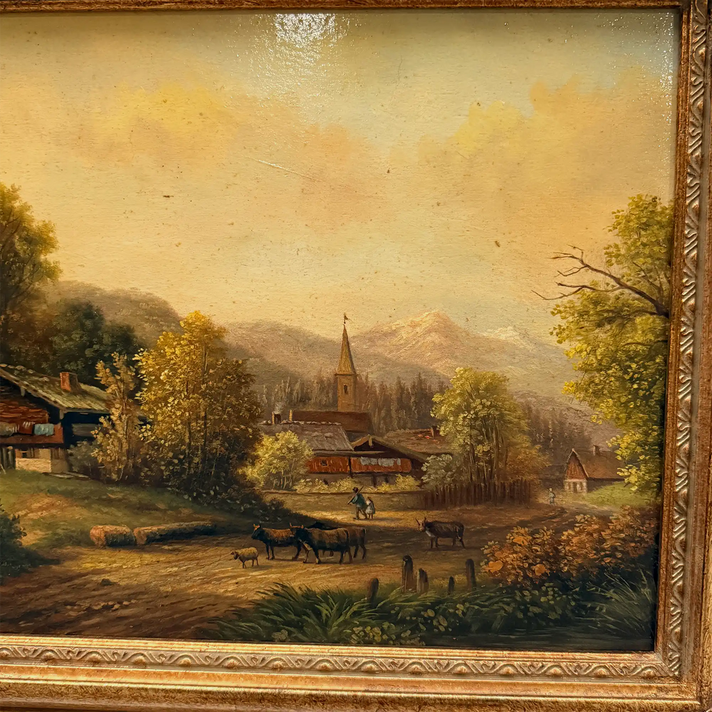 c.1960s Vintage European Alpine Landscape Oil Painting in Baroque Gold Gilt Frame - Vintage Oil Painting - Arden Gallery