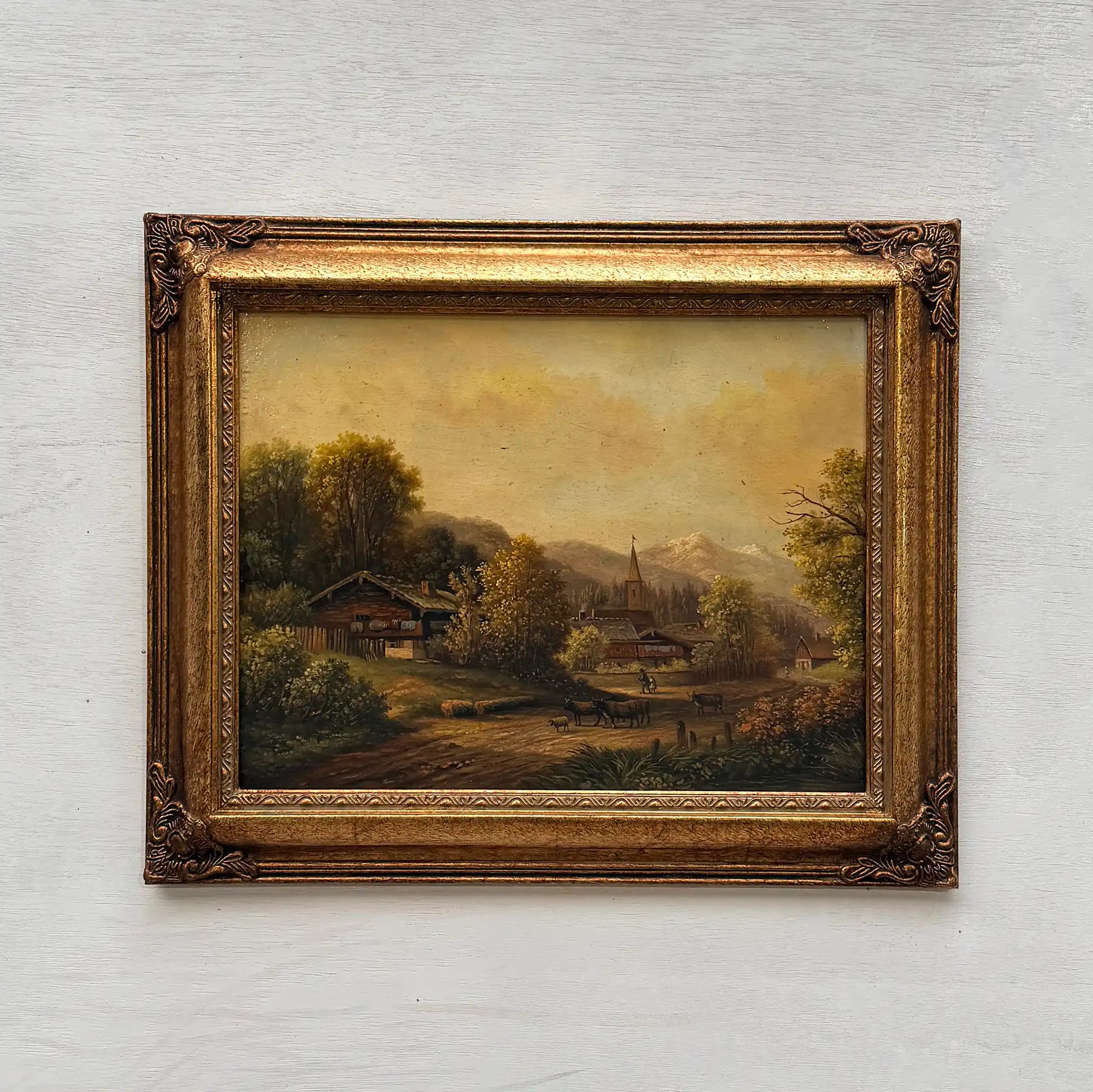 c.1960s Vintage European Alpine Landscape Oil Painting in Baroque Gold Gilt Frame - Vintage Oil Painting - Arden Gallery