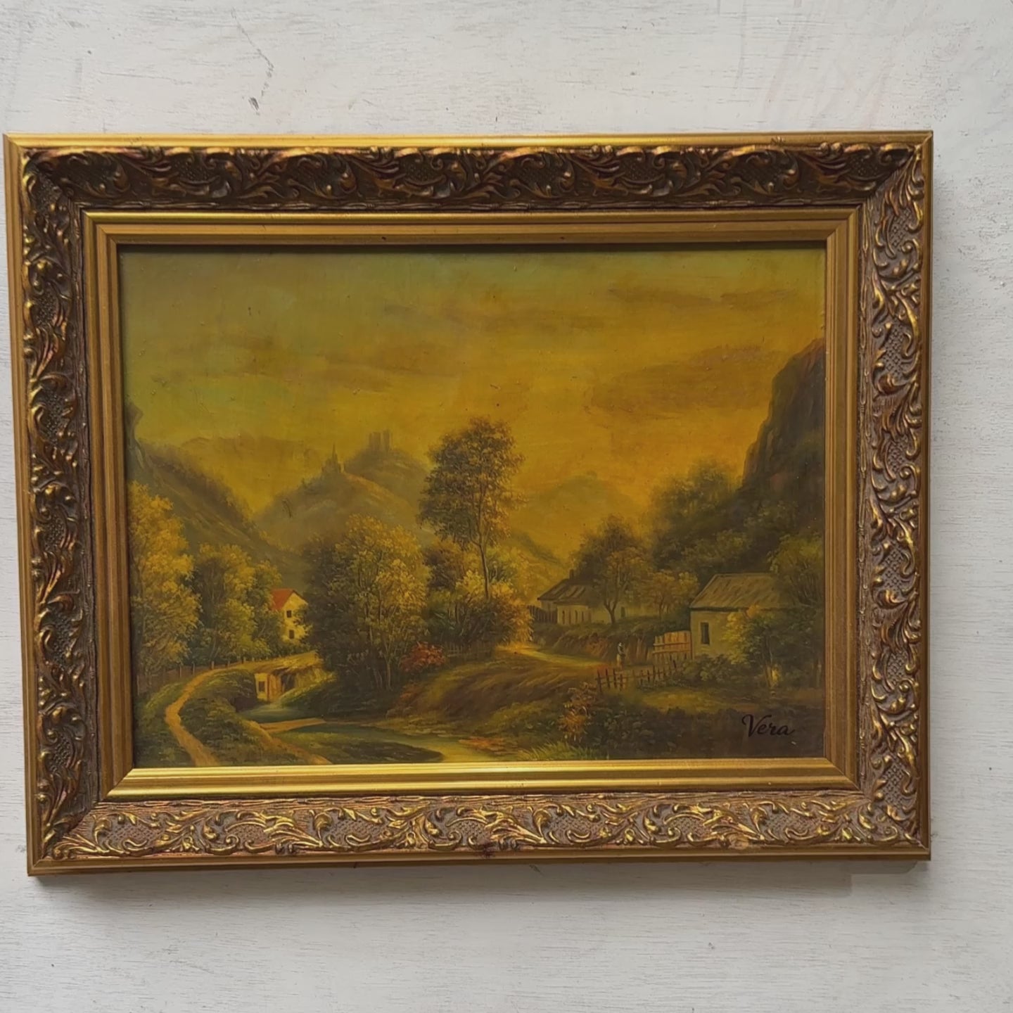 The Valley Road | Signed Vera | Vintage Landscape Oil Painting | Ornate Gold Frame | 20.1×16.1in