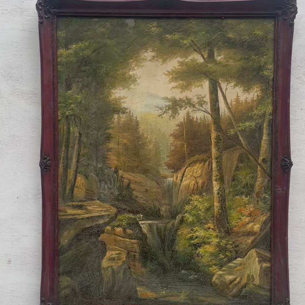Forest Waterfall & Stream Oil Painting | Towering Trees & Rocks | Mahogany Frame | Original 1960s | 52×66cm