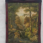 Forest Waterfall & Stream Oil Painting | Towering Trees & Rocks | Mahogany Frame | Original 1960s | 52×66cm