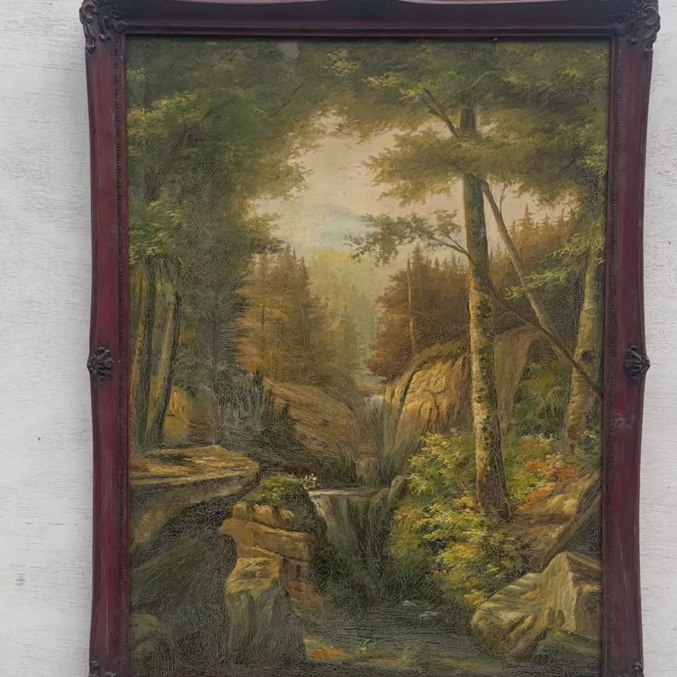 Vintage Woodland Landscape Painting, Hand Painted Forest Stream Artwork