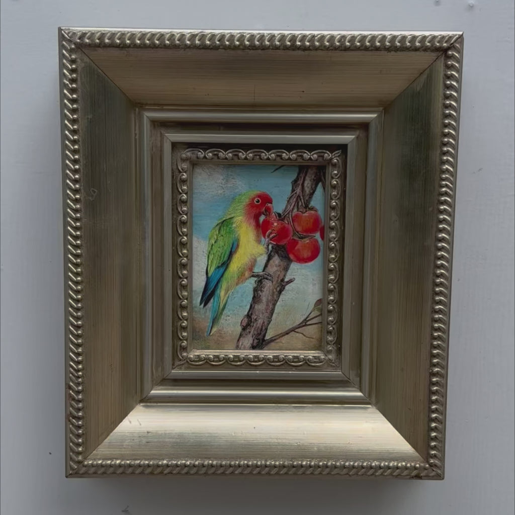 Parrot & Cherries Oil Painting | Bird on Fruiting Branch | Champagne Gold Frame | Original 1950s | 38×33cm