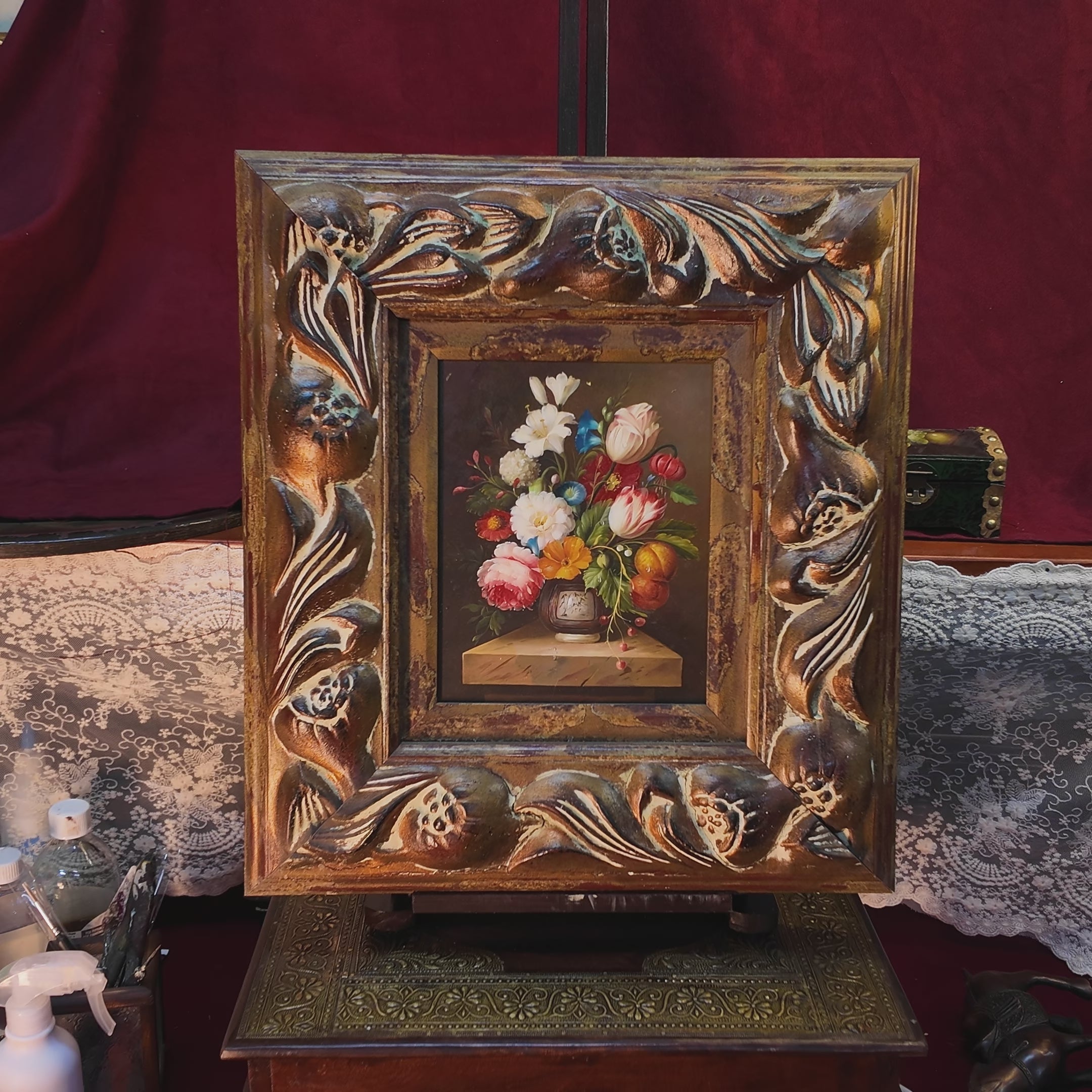 Vintage European Flower Bouquet Oil Painting, Classic Framed Wall Decor 18.1×19.7 in
