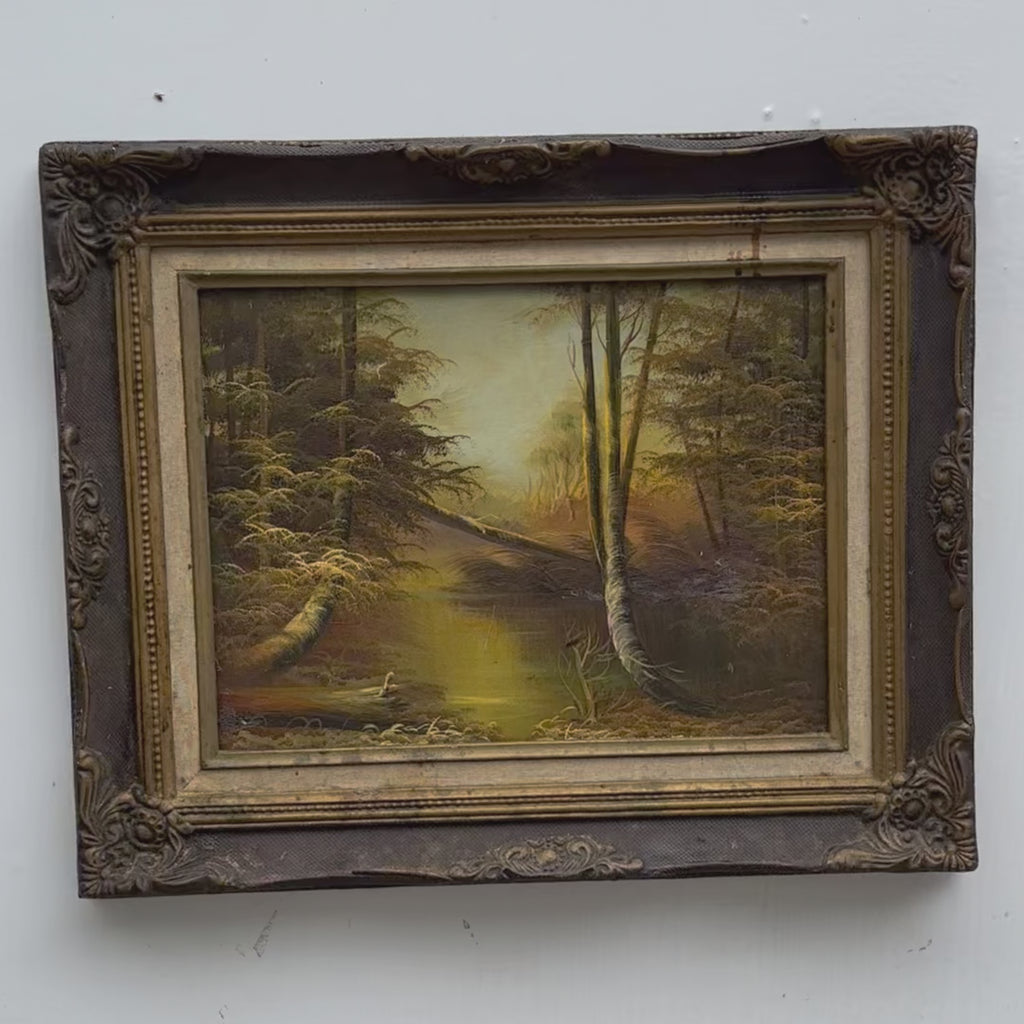 Original Oil Painting – Classical European Forest Stream Landscape, Hand-Painted on Wood Panel with Antique Ornate Baroque Solid Wood Frame