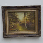 Original Oil Painting – Classical European Forest Stream Landscape, Hand-Painted on Wood Panel with Antique Ornate Baroque Solid Wood Frame