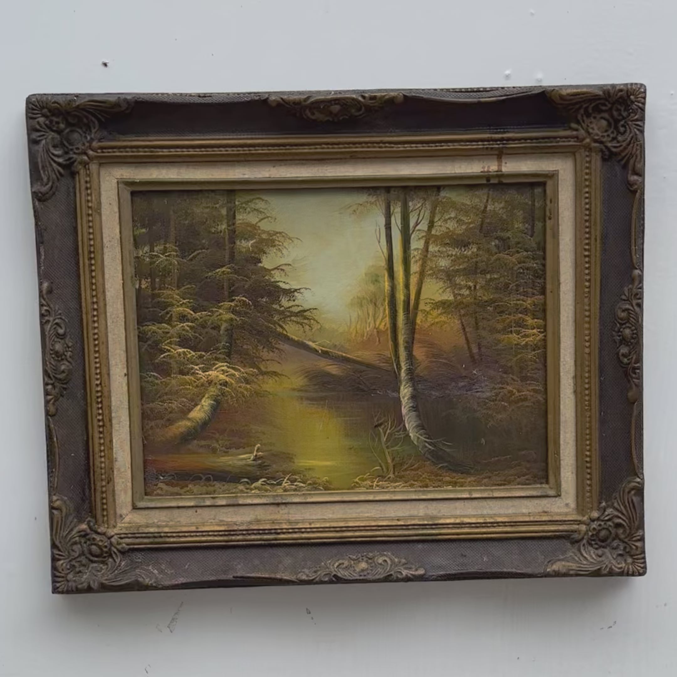 Original Oil Painting – Classical European Forest Stream Landscape, Hand-Painted on Wood Panel with Antique Ornate Baroque Solid Wood Frame