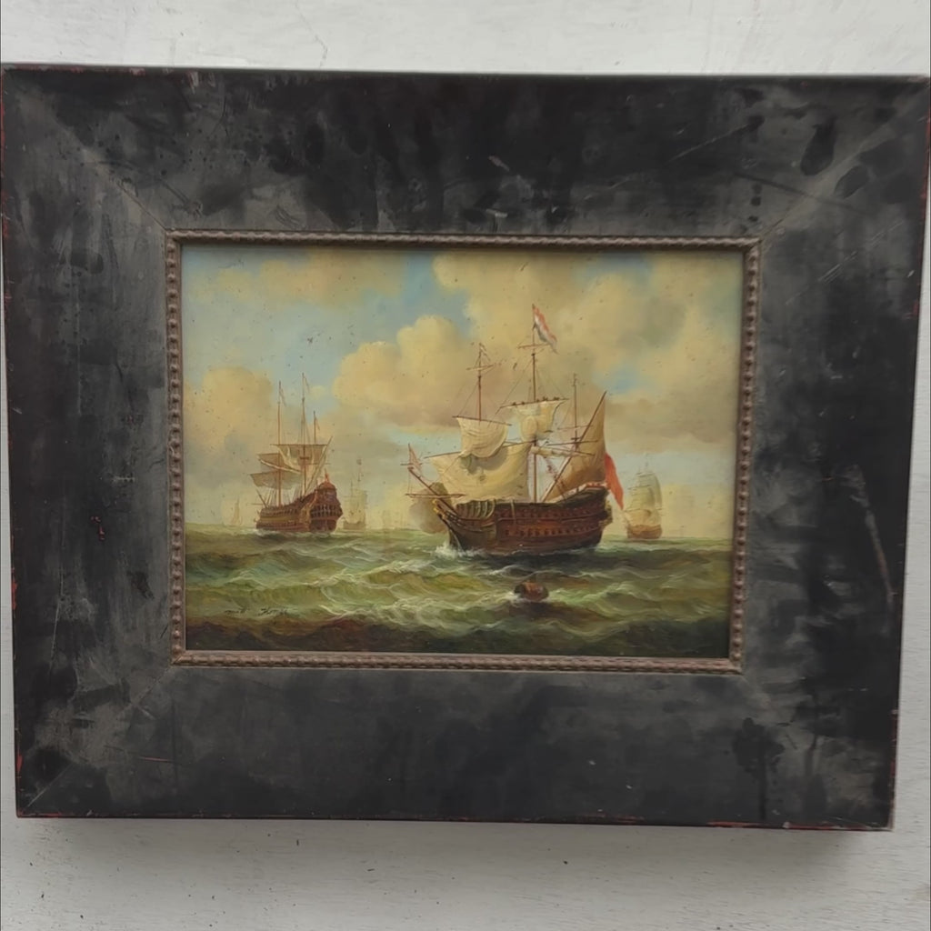 Signed Sailing Ships Seascape Oil Painting | Matt Thomas | Dark Wood Frame | Original 1940s | 62×52cm