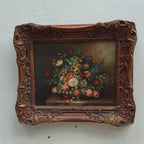 Classic Flower Bouquet Oil Painting “Ornate Brown Frame” Original Vintage Art - 12.6 × 11.0 in