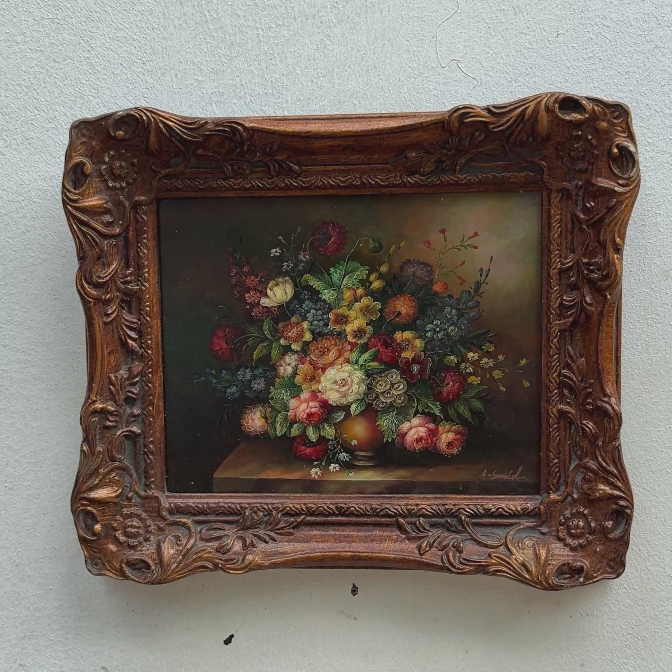 Classic Flower Bouquet Oil Painting “Ornate Brown Frame” Original Vintage Art - 12.6 × 11.0 in