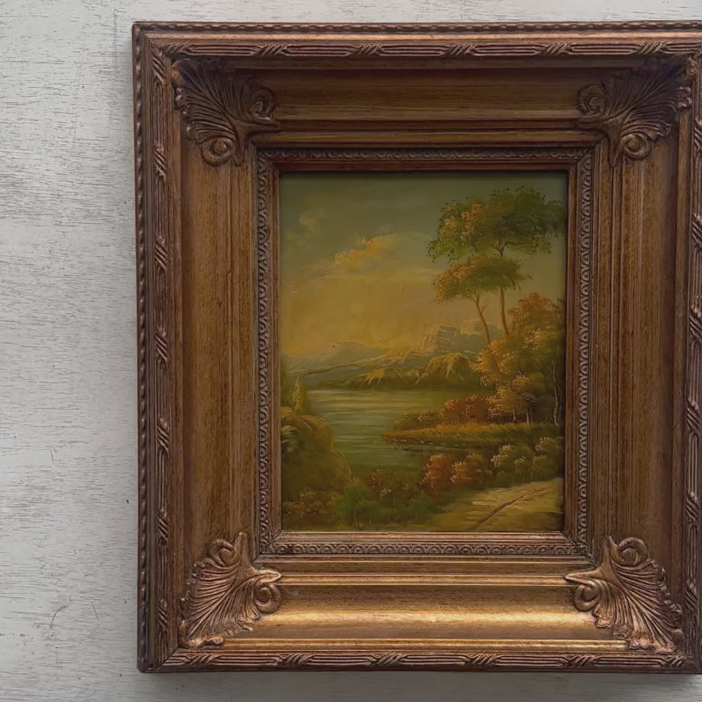 Twilight Lake Landscape Oil Painting | Deep-Relief Carved Frame | Original circa 1945 | 37×42cm