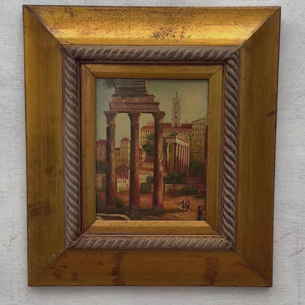 Roman Ruins Classical Architecture Oil Painting | Columns & Archways | Gold Bronze Frame | Original circa 1980