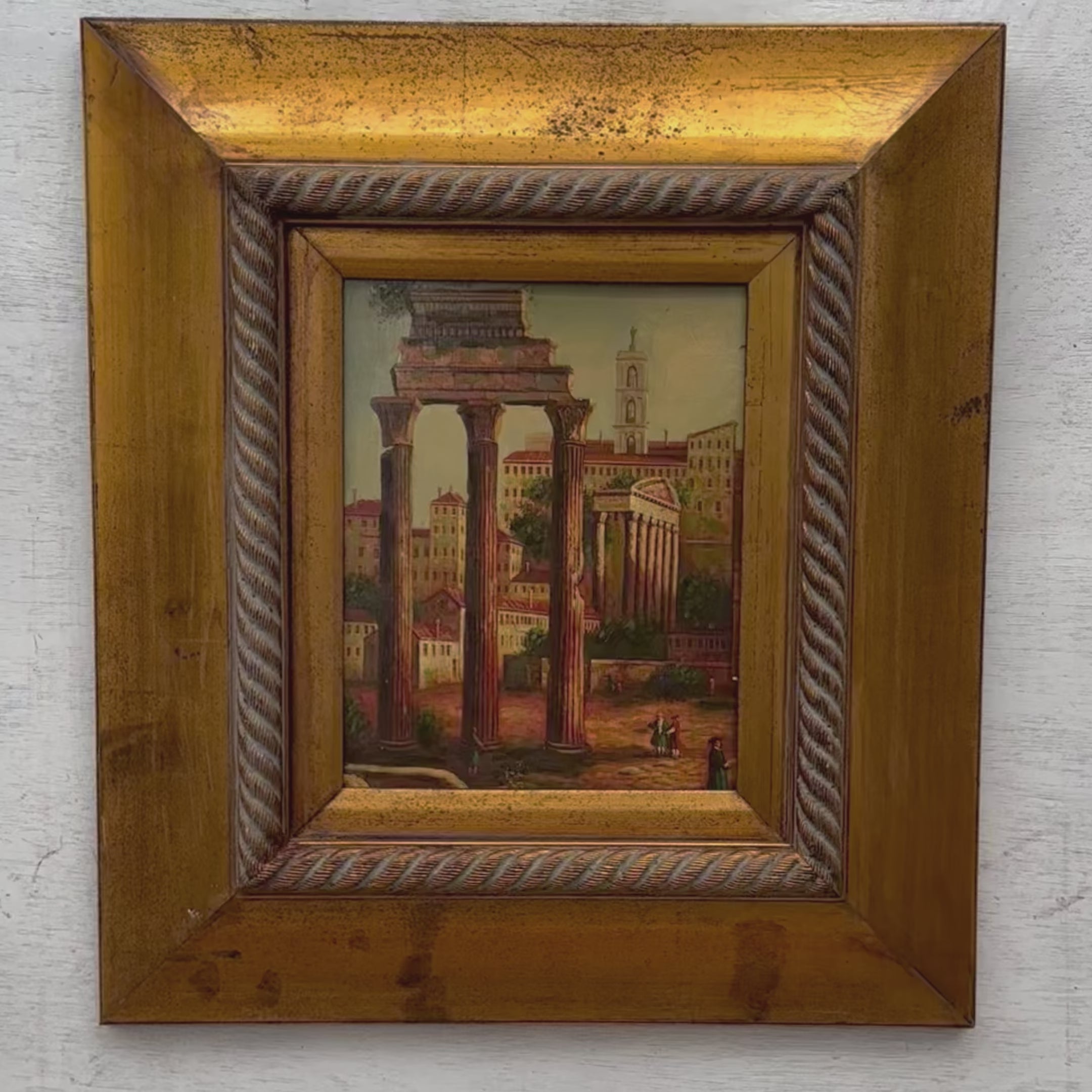 Original Vintage Roman Ruins Oil Painting, Classical European Architecture Art in Gold Frame