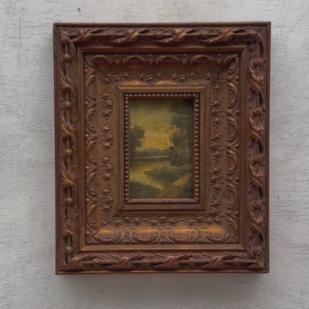 Woodland River at Dusk | Vintage Landscape Oil Painting | Bronze Frame | 11.8×13.8in