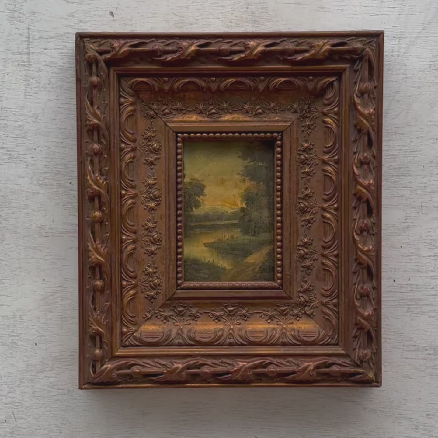 Woodland River at Dusk | Vintage Landscape Oil Painting | Bronze Frame | 11.8×13.8in