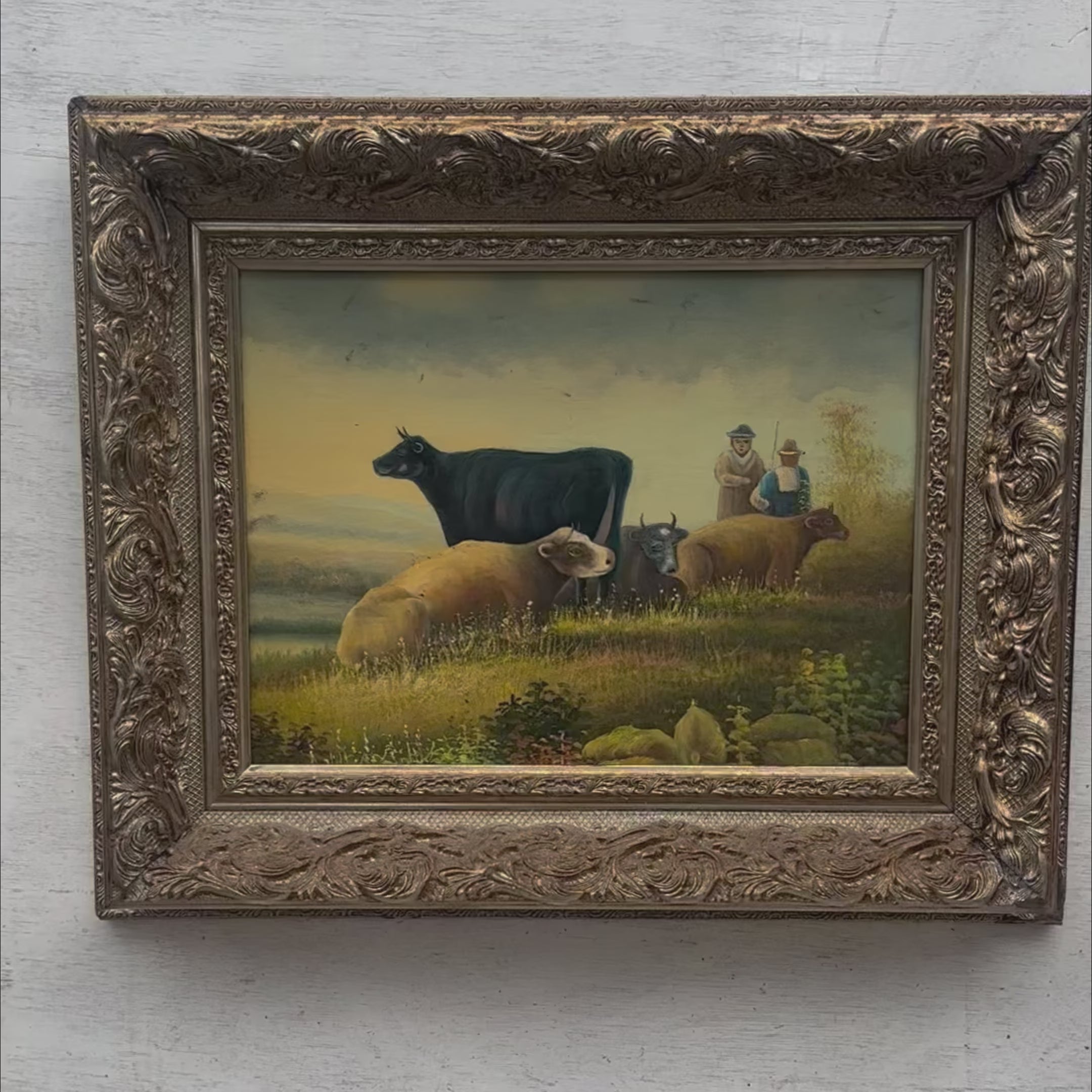 Cattle & Herders in Golden Pasture Oil Painting | Warm Pastoral Tones | circa 1965 | 22.8×18.9in