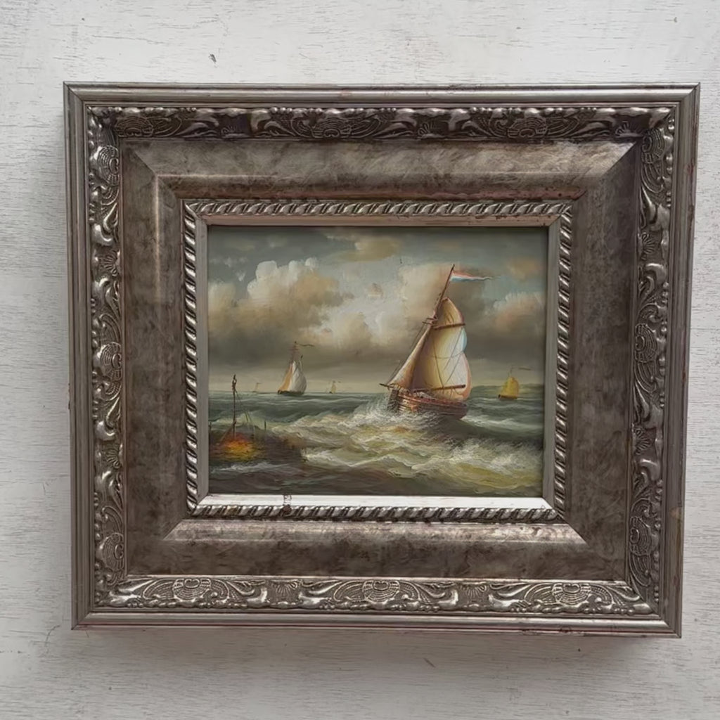 Original Maritime Sailboat Seascape Oil Painting | Stormy Sea | Heavy Ornate Silver Frame 42×37cm