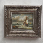 Original Hand-Painted Maritime Sailboat Seascape Oil Painting in Heavy Ornate Silver Frame (with Frame 42 × 37 cm)