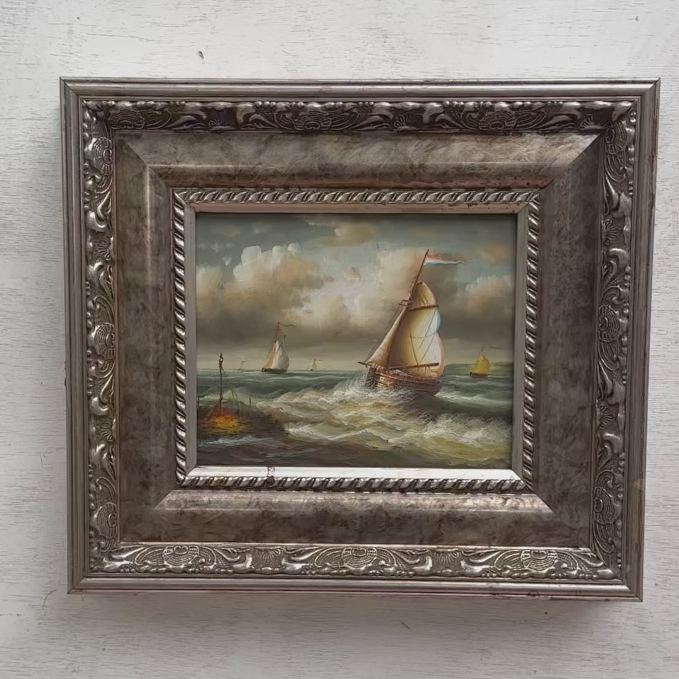 Original Hand-Painted Maritime Sailboat Seascape Oil Painting in Heavy Ornate Silver Frame (with Frame 42 × 37 cm)