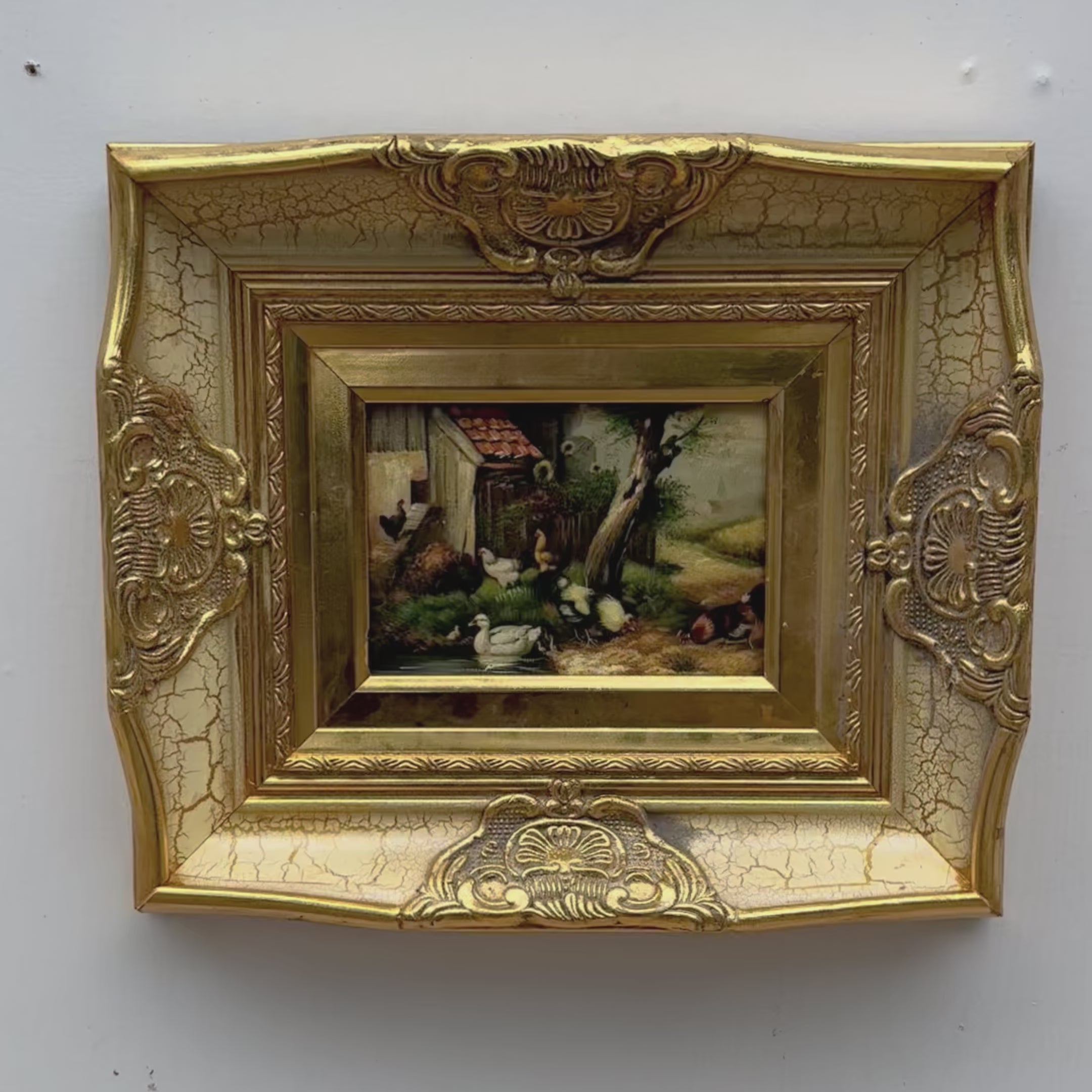 Original Vintage European Rural Poultry Oil Painting from the 1950s, Ornate Baroque Gilded Crackle Finish Frame Included