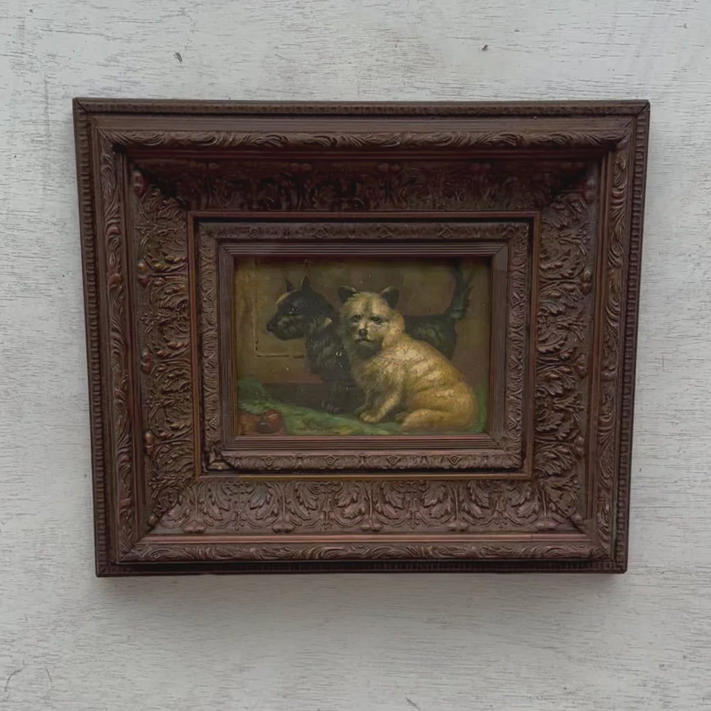 Two Dogs Portrait Oil Painting | Terrier & Companion | Deep Carved Frame | Original 1960s | 36×31cm