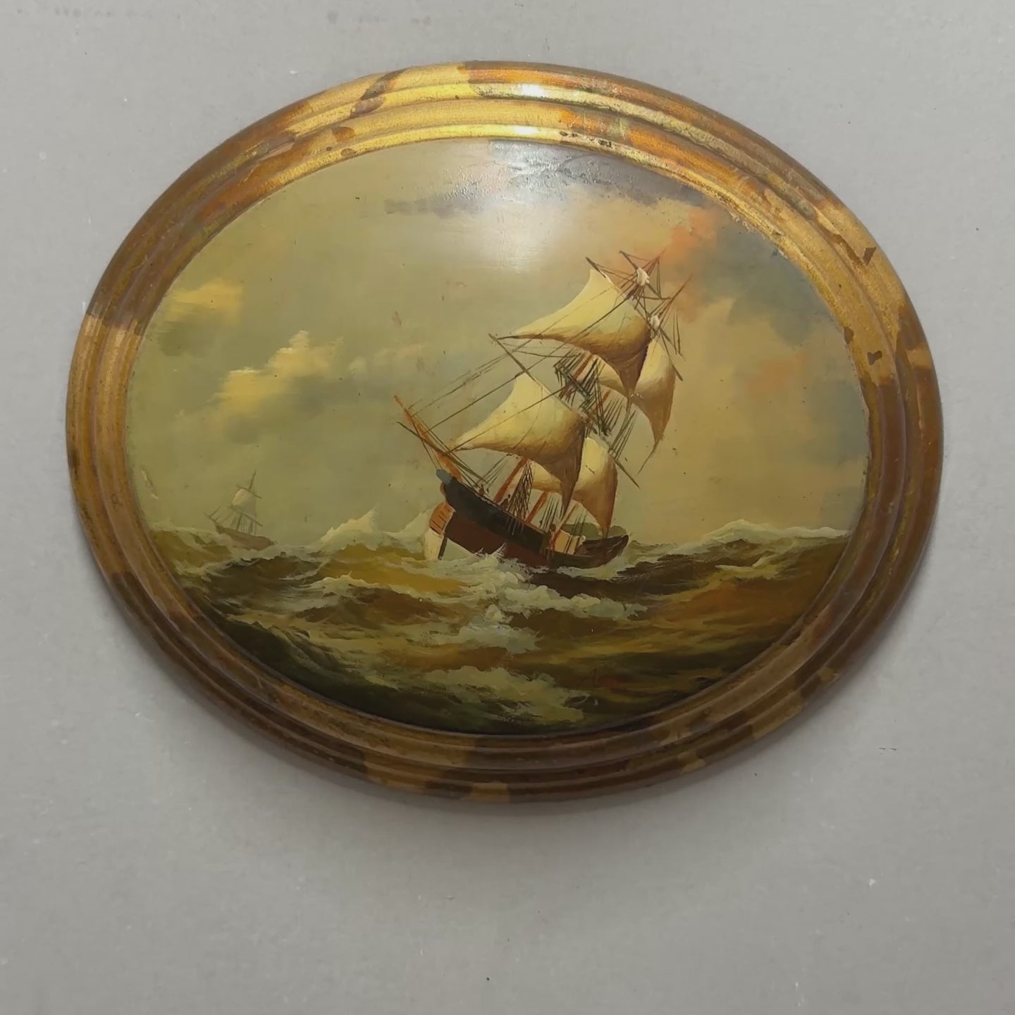 Against the Storm | Signed Vintage Maritime Oil Painting | Oval Frame | 11.0×13.0in