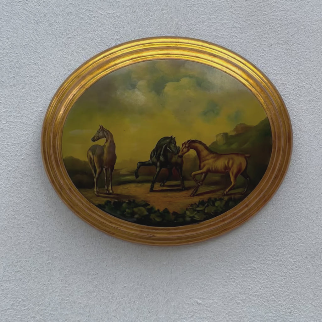 Vintage 1940s European Equestrian Oil Painting – Three Galloping Horses on Raised Wood Panel with Integrated Oval Frame