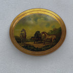Vintage 1940s European Equestrian Oil Painting – Three Galloping Horses on Raised Wood Panel with Integrated Oval Frame