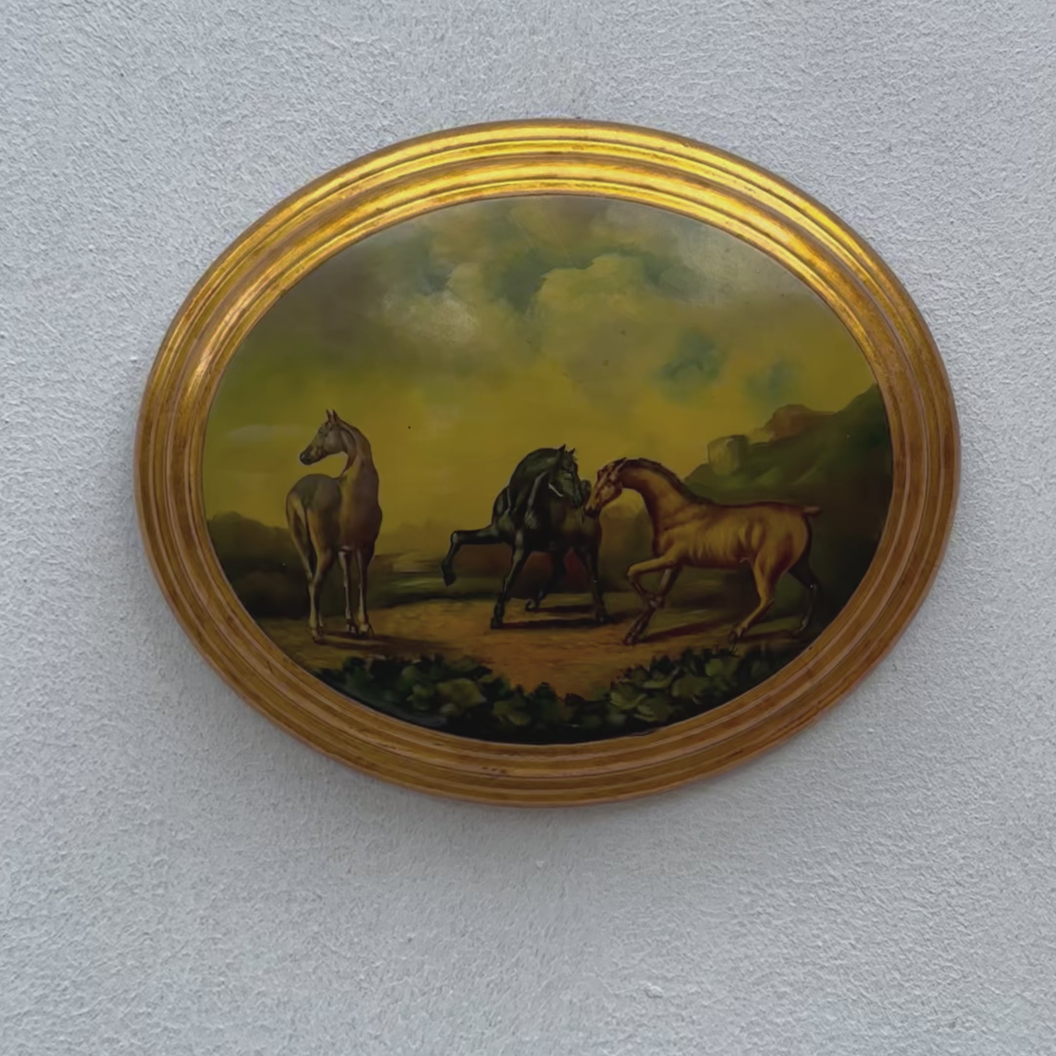 Vintage 1940s European Equestrian Oil Painting – Three Galloping Horses on Raised Wood Panel with Integrated Oval Frame