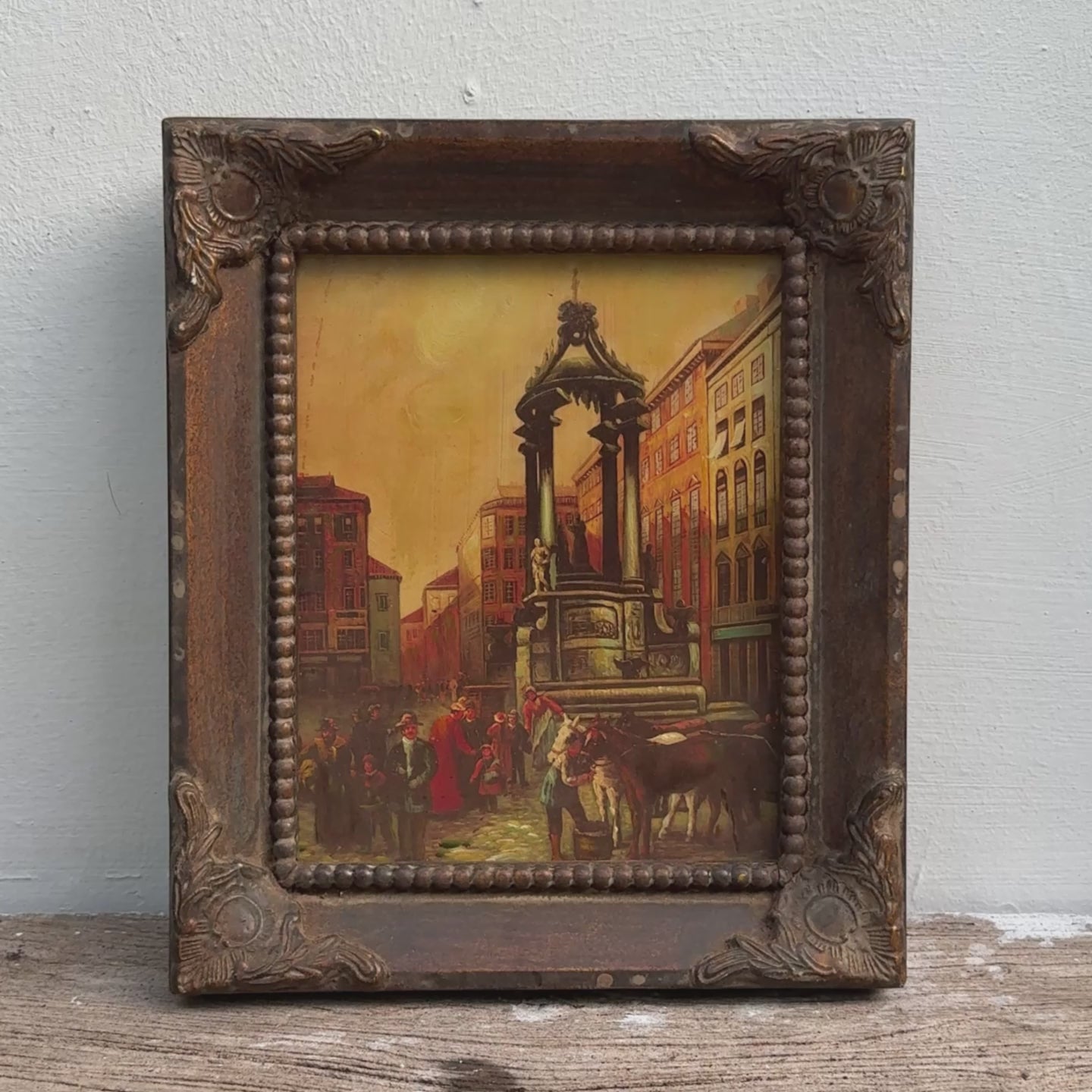 At the Market Square | Vintage European Street Scene Oil Painting | Ornate Frame | 11.0×13.0in
