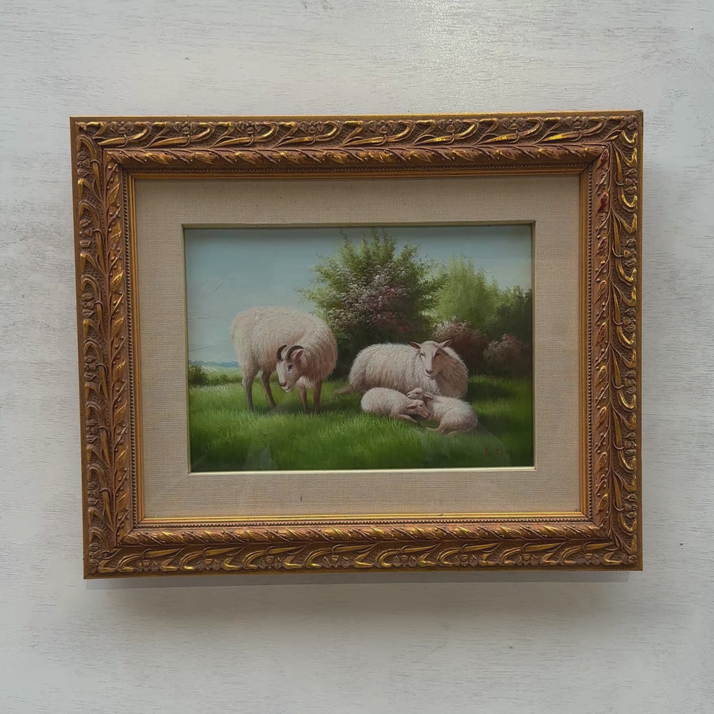 Sheep Family in the Meadow Oil Painting | Signed R. Moo | Linen Border & Gilded Frame | Original circa 1970 | 51×41cm