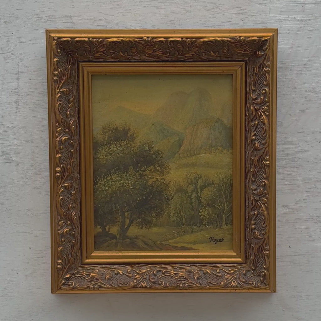 Golden Mountain Serenity Oil Painting | Layered Peaks & Foliage | Gilt Frame | 12.2×14.2in