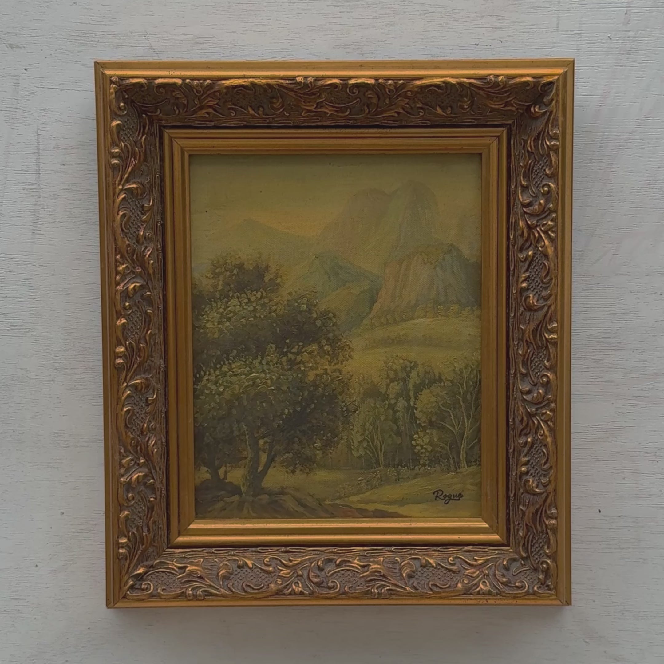 Vintage European Landscape Oil Painting, Mountain Valley Scenery Artwork with Gold Frame 31 × 36 cm